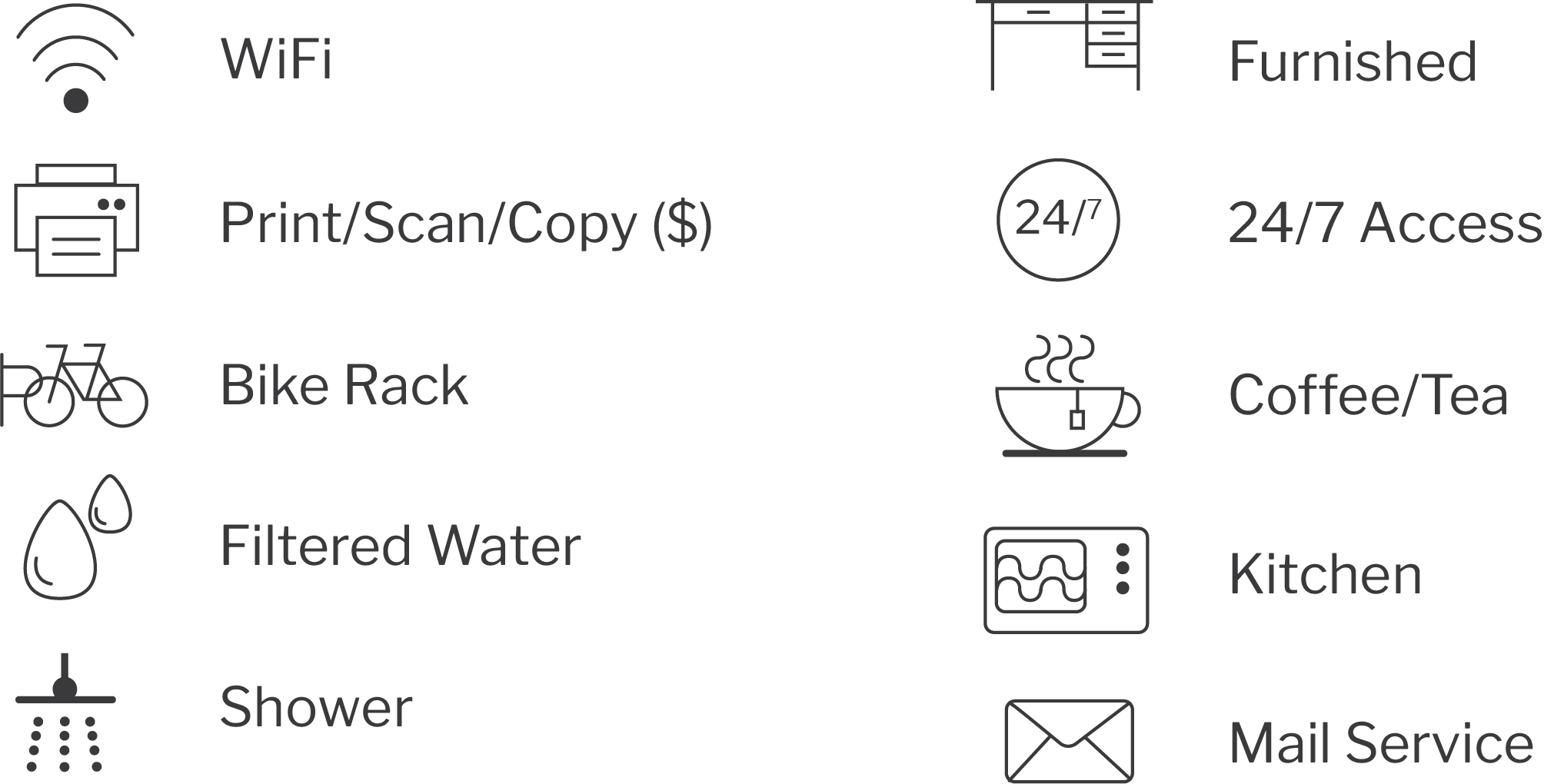 wifi, print, scan, copy $, bike rack, filtered water, shower, furnished, 24/7 access, coffee/tea, kitchen, mail services 