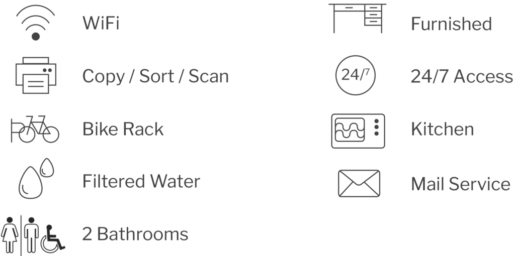 wifi, print, scan, copy $, bike rack, filtered water, shower, furnished, 24/7 access, coffee/tea, kitchen, mail services